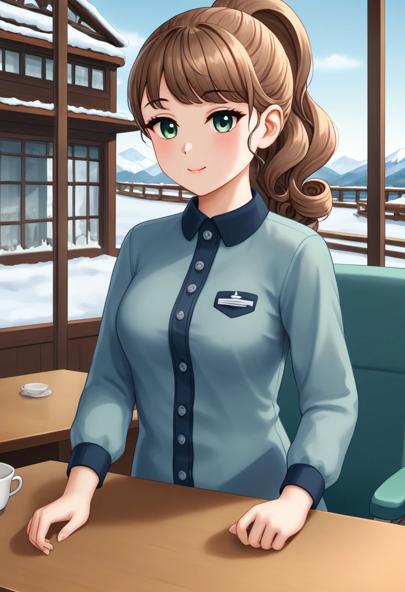Beautiful girl with semi curly brown hair, collected in a high ponytail, pale, semi-dark green eyes, thin complexion, dressed in clothing designed for exploration in freezing temperatures, sat at the table in the cafeteria of a modern boat heading to Antarctica, having breakfast, Cozy boat interior in blue tones, gray and white, large windows that reveal the glaciers and snow-capped mountains