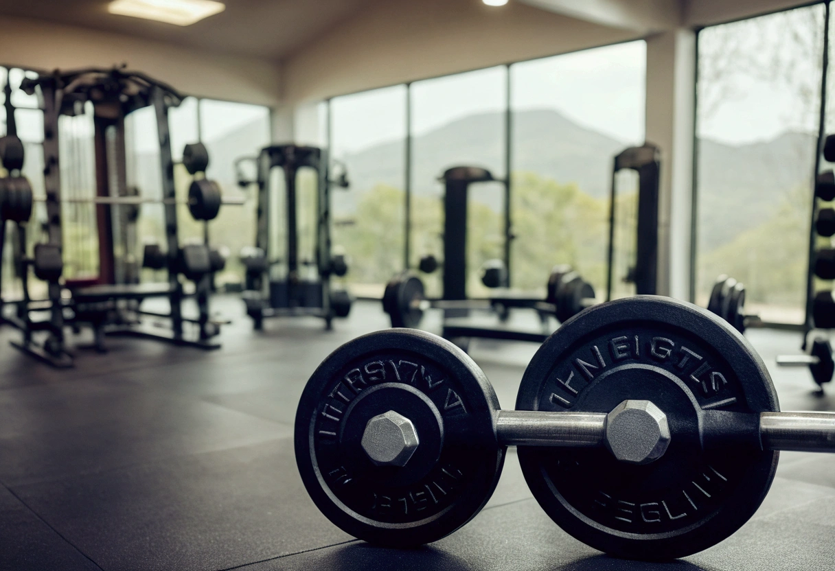 a picture of weights, gym in the background like in a commercial, gym out of focus
