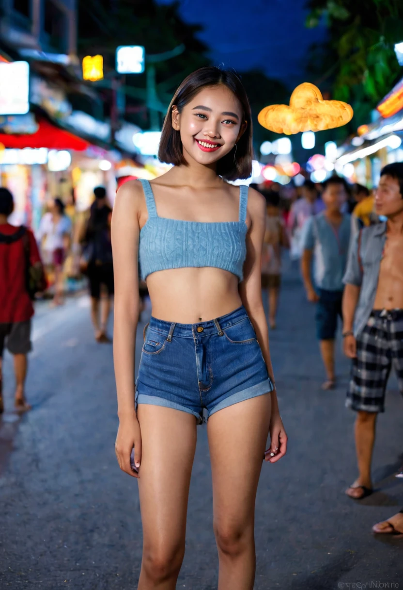 A girl, wearing sandals. (13 years old, oval and clean face, thin body, Indonesian skin, wearing a wool crop top, cute hot pants), posing like a model in the crowd at night in Thailand, heart-shaped hand gesture, smiling, photo slightly tilted to side, visible face, minimal lighting, blue hour. ultra HD, real photo, very detailed, very sharp, 18mm lens, realistic, photography, leica camera, picture color style in lightroom,