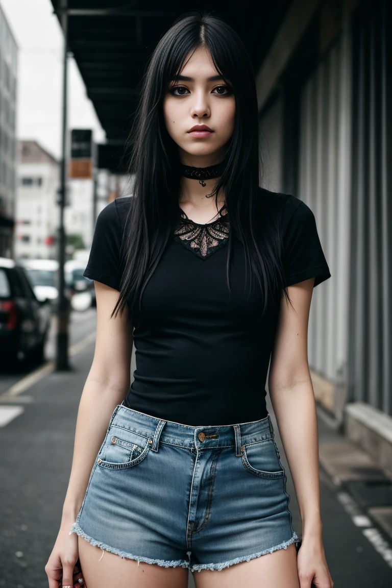 a beautiful 18 year old slim and sexy woman, emo girl, black short sleeve dress, denim shorts, detailed face, long eyelashes, intricate makeup, moody expression, cinematic composition, grungy urban environment