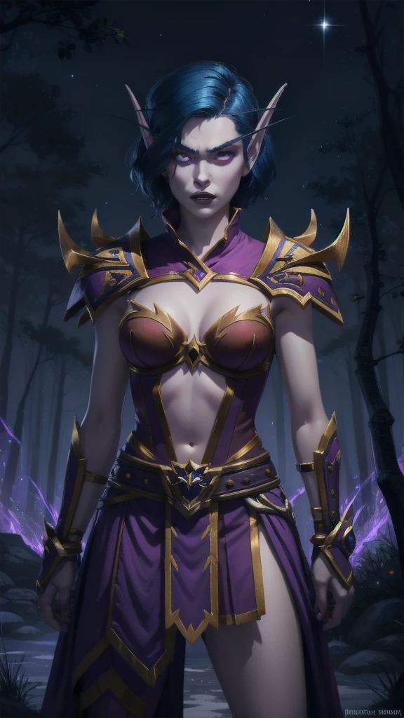 (1girl, blue hair, short hair, sparkle eyes, angry, clenched teeth) (digital) (looking at viewer) (standing), (Dark Purple Forest background), (short skirt)) , best quality, pointy ears, colored skin, blue skin, glowing, cleavage, armor, navel, voidelf,