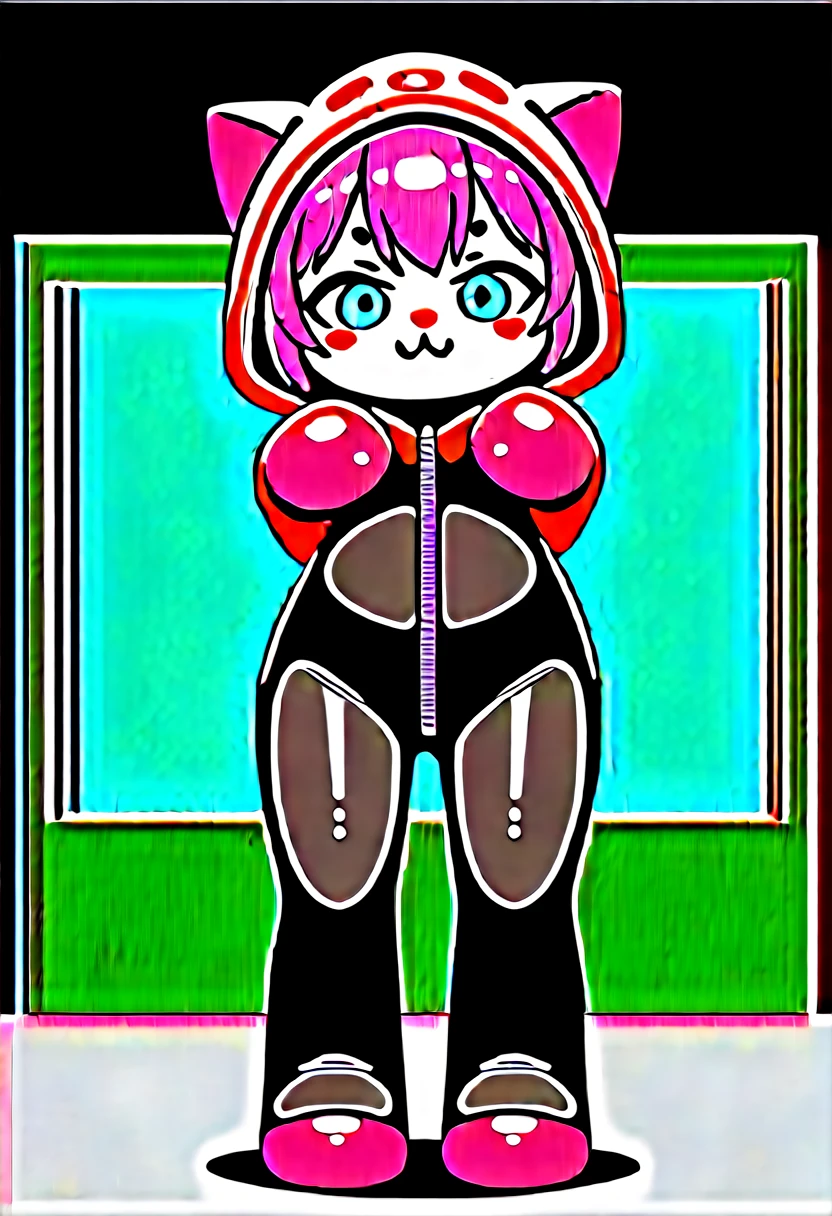 Highest quality, Highest quality, High quality illustrations, masterpiece, Ultra-high resolution, Detailed Background, room, Absurd, Perfect Anatomy, performance, Good lighting, Shadows in the movies(kemono, Furry PersonifiCation), Cat, Rubber Suit, latex, neon, neonライト, neonカラー, Bodysuits, Cyber Suit, cyber punk, Pink Rubber Hoodie, Bottle, Earrings, Tattoo Dynamic Angle