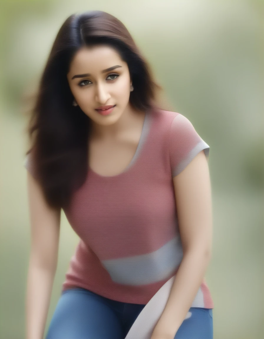 Masterpiece , highly detailed , best quality , perfect face , Shraddha Kapoor , wearing  short sleeves red printed t-shirt and blue jeans , in garden , arms bound behind back   , looking at camera , standing still 