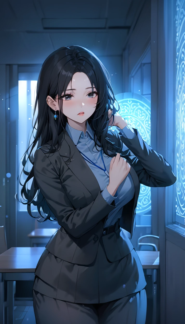 1woman,matured face,curtain hair forehead(long black hair),eyes,black eyes,teacher,teacher outfit, beautiful, colourful classroom background,standing attentive pose, neutral,stoic,wearing an ID card,earrings,juicy full lips,magic circle in the background, , cinematic lighting,