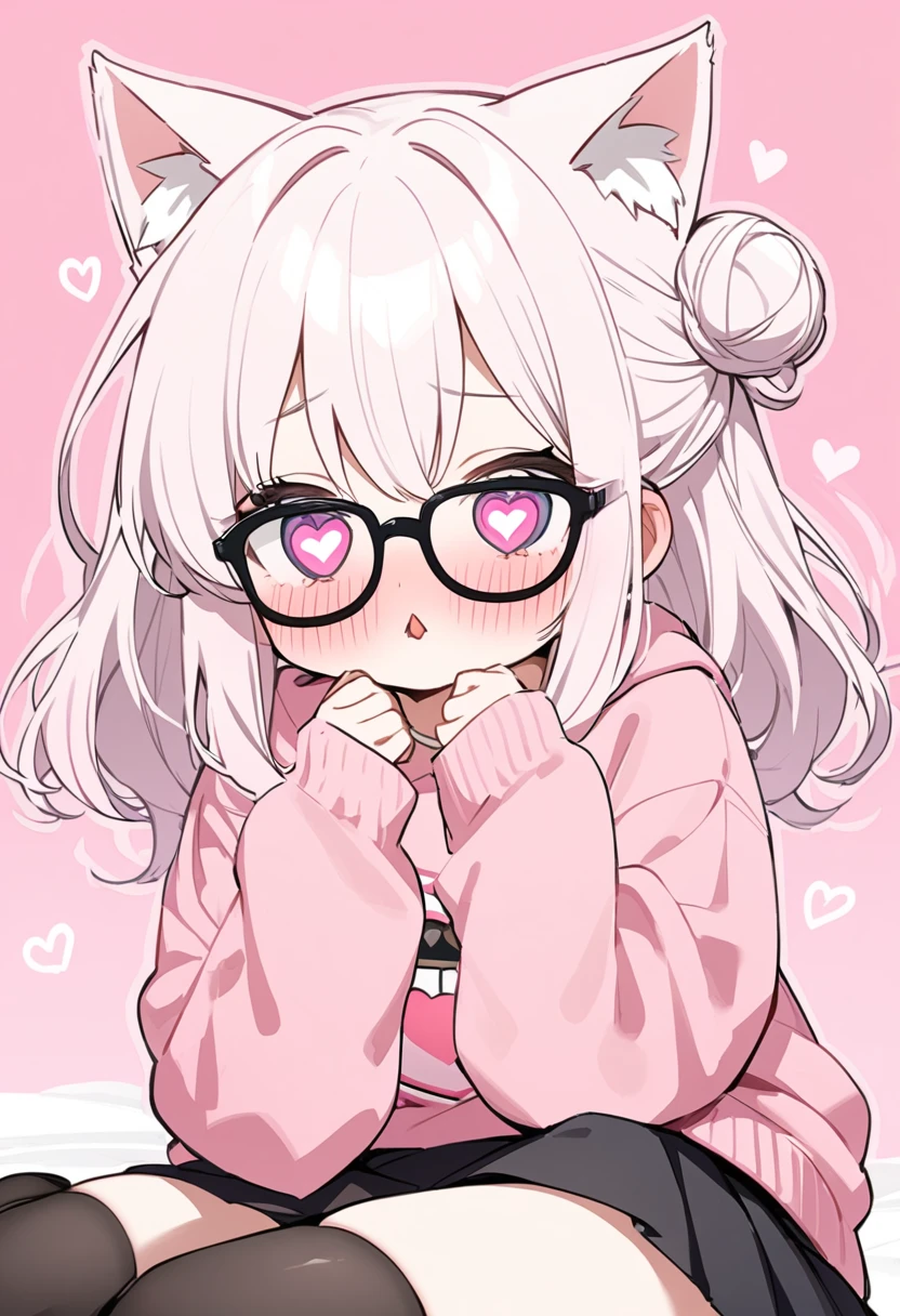 I have white pink hair, cat ears, a bun, my face is super blushing, black glasses, pink heart eyes, a big pink sweatshirt, a black skirt, black stockings, white shoes, a cat&#39;s tail, a girl. very shy that they are grabbing her breasts