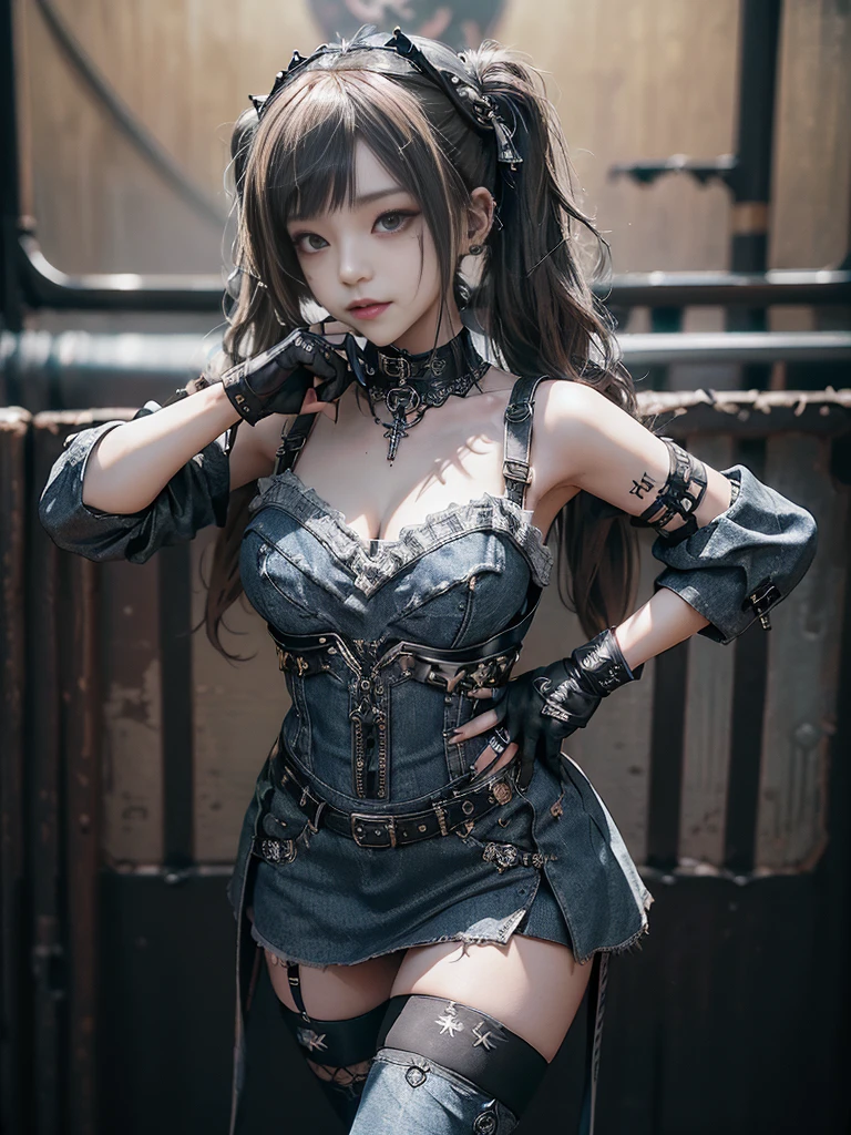 (Smiling with teeth showing:1.3),(Shibuya Gal:1.5)、(Modern Companion Uniform:1.3)、(Gothic Lolita style fashion:1.5)、(Punk RockVisual Kei:1.4)、(Denim and black and white medieval noble mini skirt dress:1.5)、(Denim with black and white medieval gloves and bustier:1.5)、(Denim high heels:1.3)、(Wearing silver accessories:1.5)、(Denim collar:1.4)、(Black Leather Garter Belt:1.4)、(Brown Skin Belt:1.3)、(Black lace underwear:1.5)、20-year-old、NSFW、((Highest quality、In 8K、masterpiece:1.3))、Sharp focus:1.2、(Layered Cut、Huge boobs:1.1),Beautiful woman with perfect figure:1.4、(Dancing vigorously:1.3)、Slender Abs:1.2、Highly detailed face and skin texture、Detailed eyes、double eyelid,(Twin tails:1.3)、(Brown-golden hair:1.3)、Gravure idol、(The background is the Takarazuka Revue stage.:1.3)、(Slim Body:1.2),(Make your legs thinner:1.4),(clavicle:1.1)