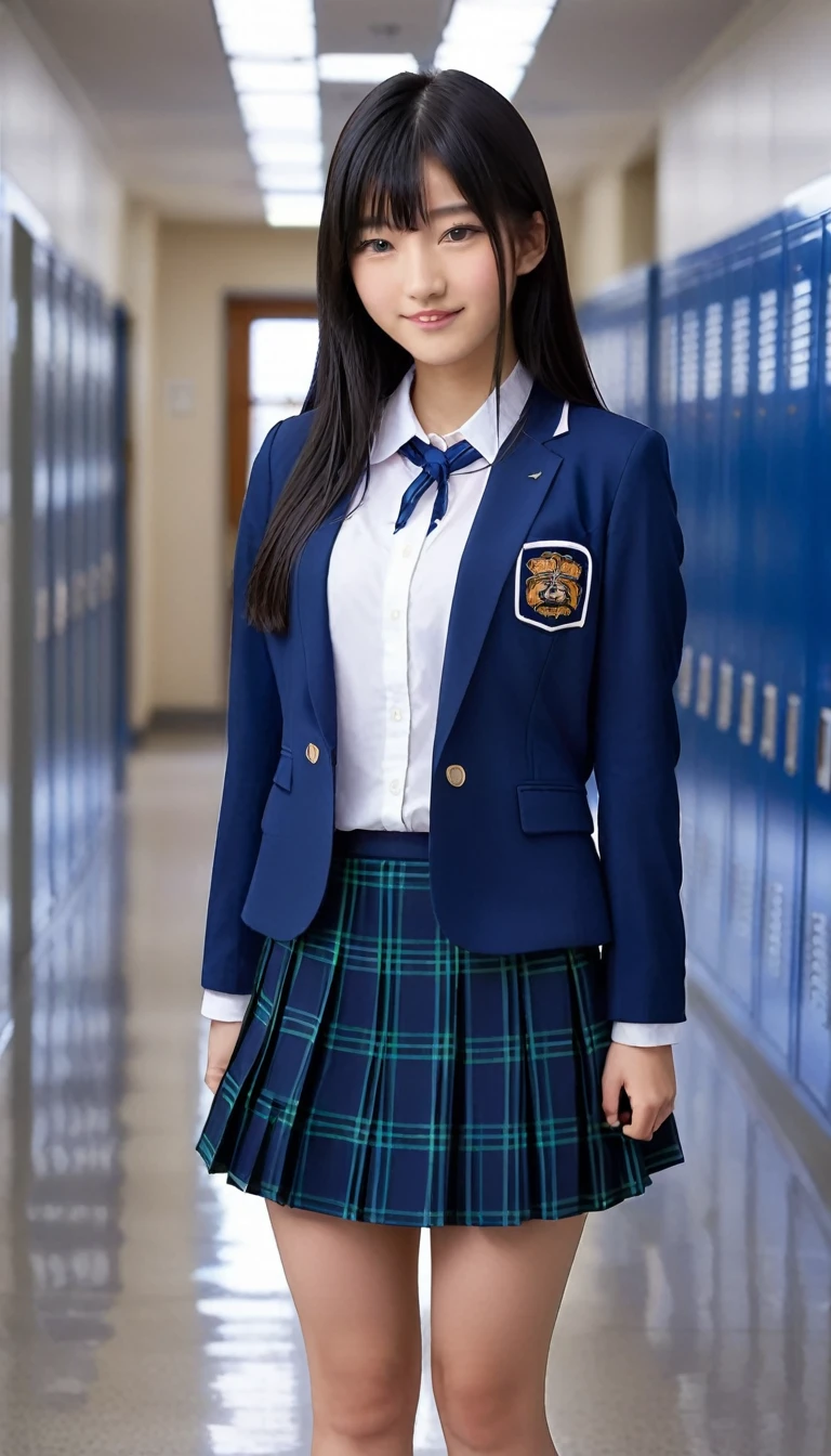 A Japanese high school girl, 18 years old, with long black hair. She is wearing a typical Japanese  with a navy blue blazer, white shirt, and plaid skirt. She has a friendly and cheerful expression, standing in a school hallway with lockers in the background.