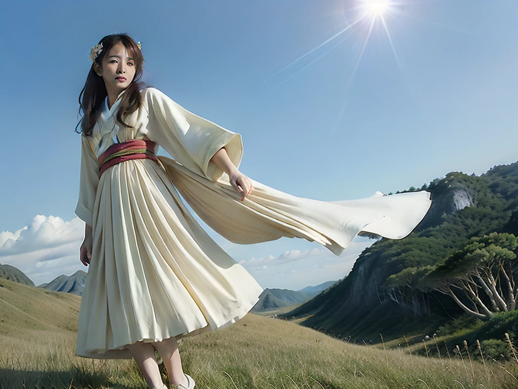 Woman in kimono High definition Long Hair Fantasy Flying in the sky