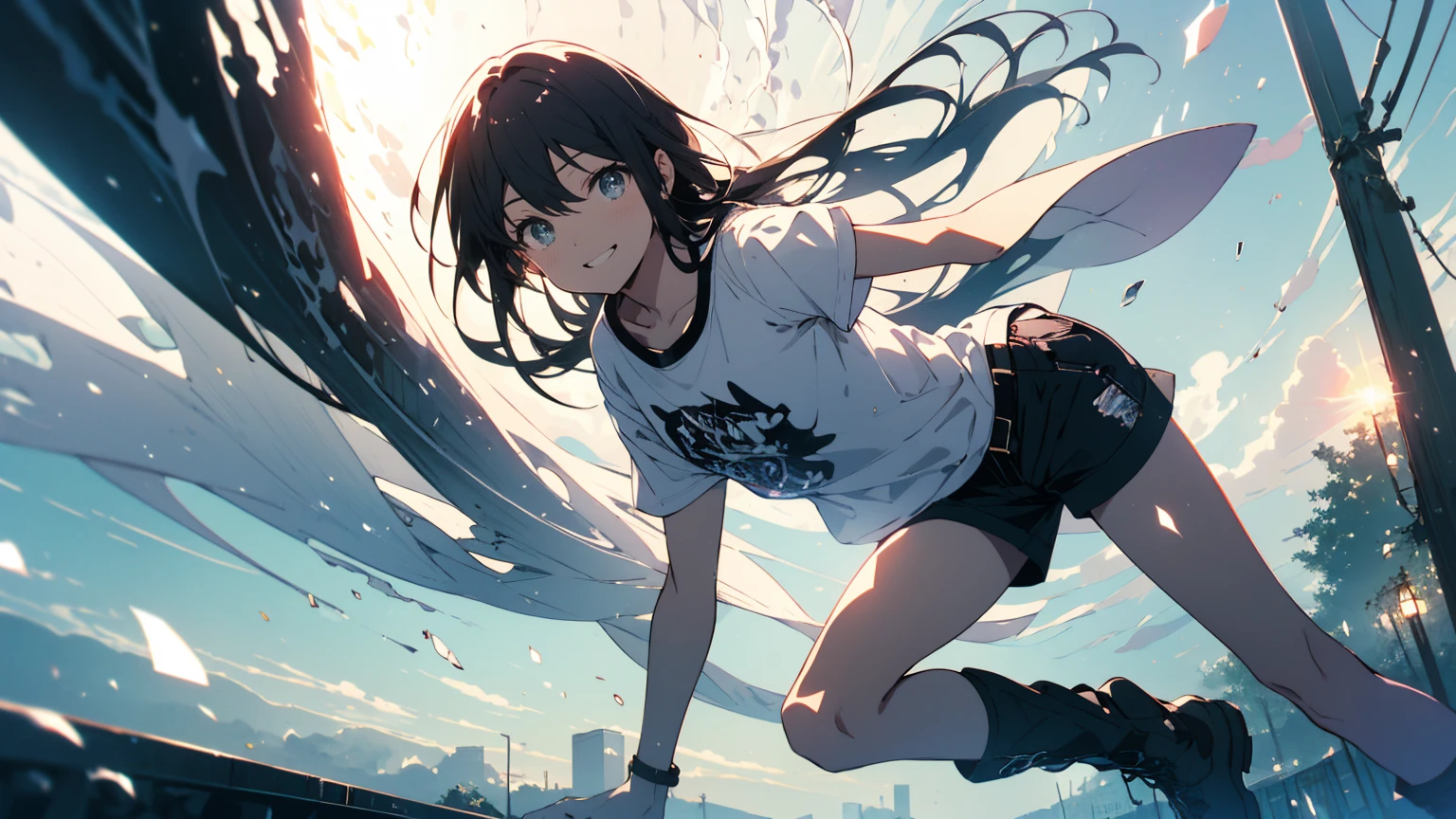 (Highest quality、masterpiece、High resolution、detailed)、(Shining Eyes、detailed美しい顔)、1 Girl、(T-Shirts,Shorts),smile,short boots,outskirts、Slope background、Beautiful Anime