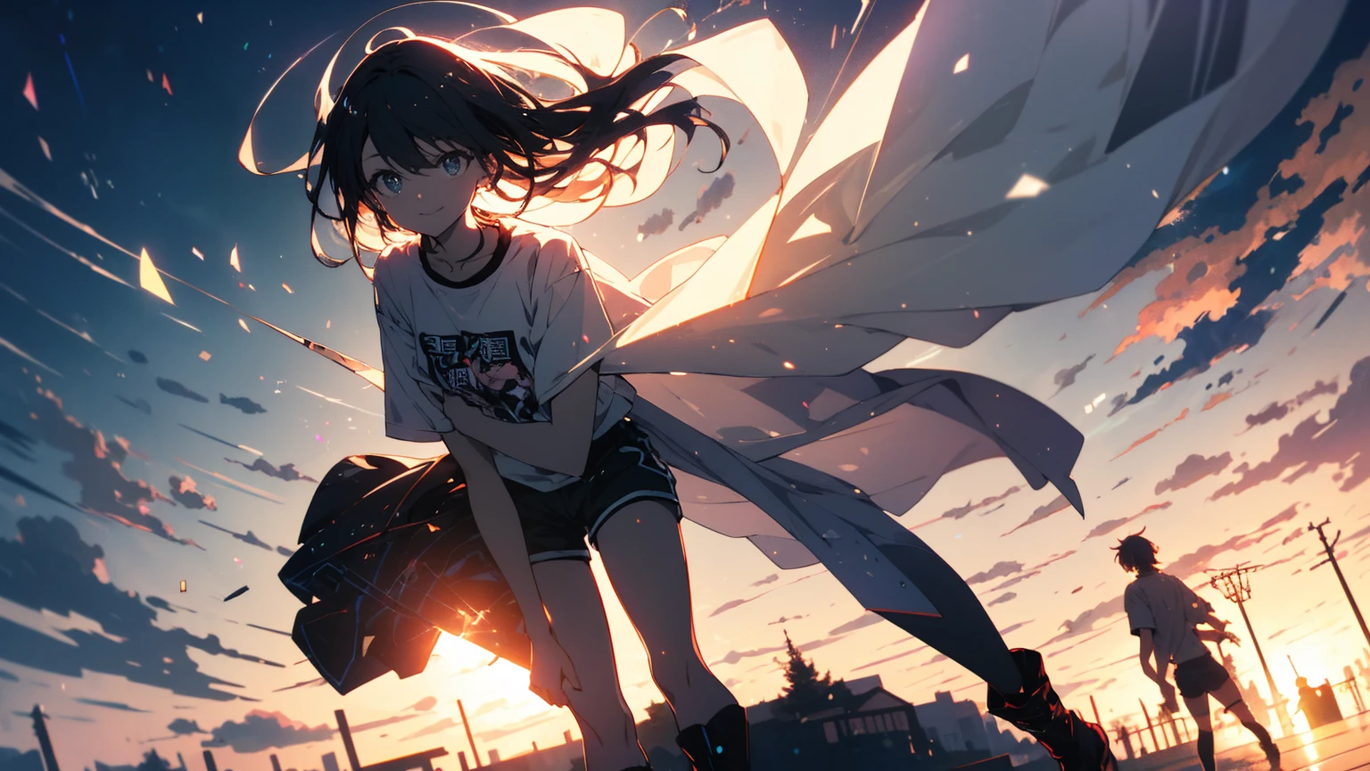 (Highest quality、masterpiece、High resolution、detailed)、(Shining Eyes、detailed美しい顔)、1 Girl、(T-Shirts,Shorts),smile,short boots,outskirts、Slope background、Beautiful Anime