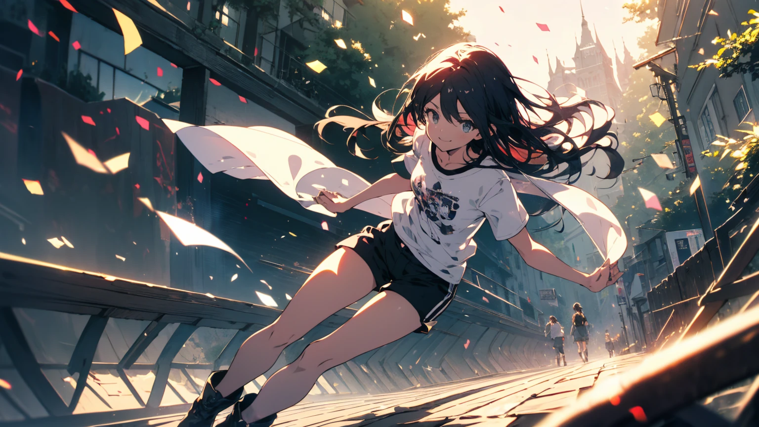 (Highest quality、masterpiece、High resolution、detailed)、(Shining Eyes、detailed美しい顔)、1 Girl、(T-Shirts,Shorts),smile,short boots,outskirts、Slope background、Beautiful Anime