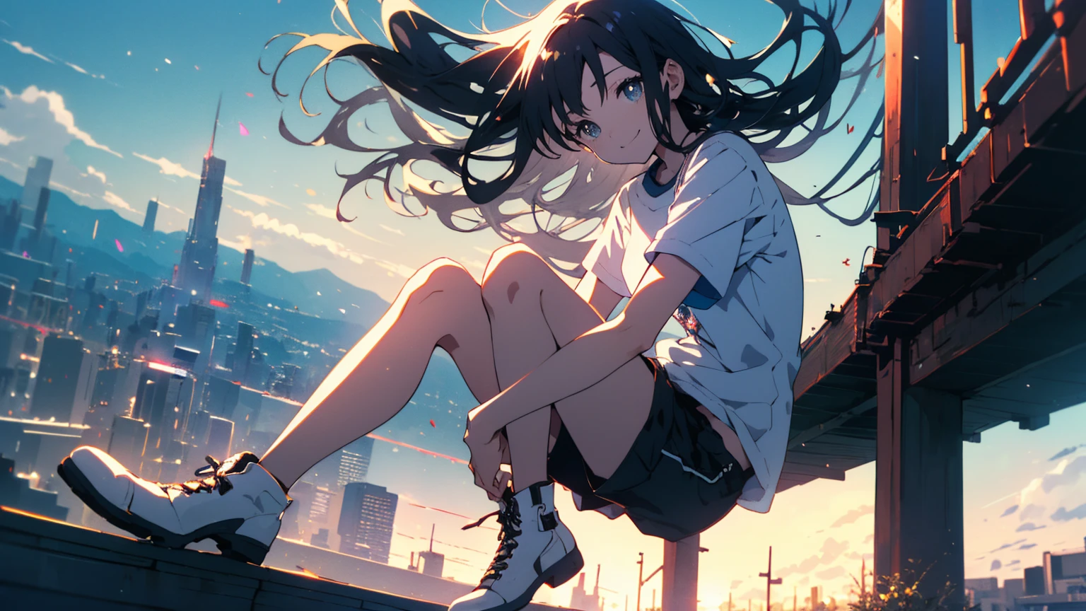 (Highest quality、masterpiece、High resolution、detailed)、(Shining Eyes、detailed美しい顔)、1 Girl、(T-Shirts,Shorts),smile,short boots,outskirts、Slope background、Beautiful Anime
