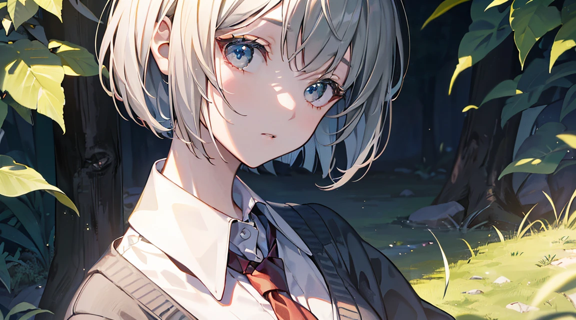 (Bob Cut Hair:1.2),(Wear a cardigan over a collared shirt:1.2),1 girl,Japanese,21 years old,(Small breasts:1.3),(Highest quality,masterpiece:1.3,超A high resolution,),(Ultra-detailed,Caustics),(Photorealistic:1.4,RAW shooting,)Ultra-Realistic Capture,Very detailed,High resolution 16K human skin close-up。 Natural skin texture、,Pores、、It needs to be detailed enough to be easily identifiable。 Skin should be even-toned and healthy looking。 Use natural light and colour, Sad expression, Looking at the camera, Perfect dynamic composition, Outdoor