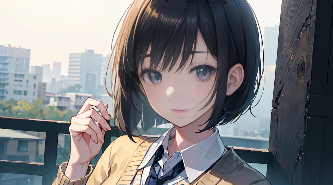 (Bob Cut Hair:1.2),(Wear a cardigan over a collared shirt:1.2),1 girl,Japanese,21 years old,(Small breasts:1.3),(Highest quality,masterpiece:1.3,超A high resolution,),(Ultra-detailed,Caustics),(Photorealistic:1.4,RAW shooting,)Ultra-Realistic Capture,Very detailed,High resolution 16K human skin close-up。 Natural skin texture、,Pores、、It needs to be detailed enough to be easily identifiable。 Skin should be even-toned and healthy looking。 Use natural light and colour, Sad expression, Looking at the camera, Perfect dynamic composition, Outdoor