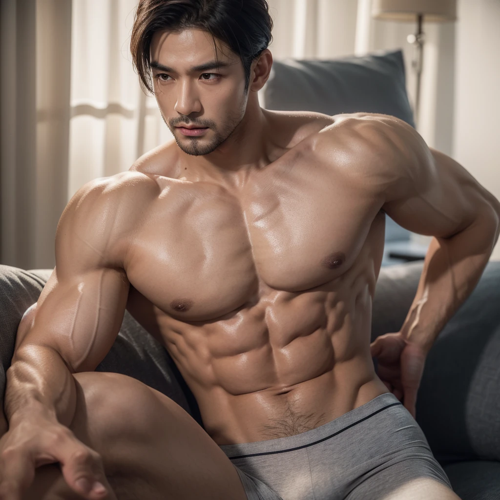 1 man, nude asiatic man, tight underwear, erect, muscular male body, realistic, photorealistic, physically-based rendering, ultra-detailed, 8k, hyper-realistic, dramatic lighting, cinematic, dramatic pose, glowing skin, veiny muscular arms, chiseled abs, tight underwear bulge, strongly defined jawline, intense facial expression, textured skin, detailed facial features, (best quality,4k,8k,highres,masterpiece:1.2),ultra-detailed,(realistic,photorealistic,photo-realistic:1.37)