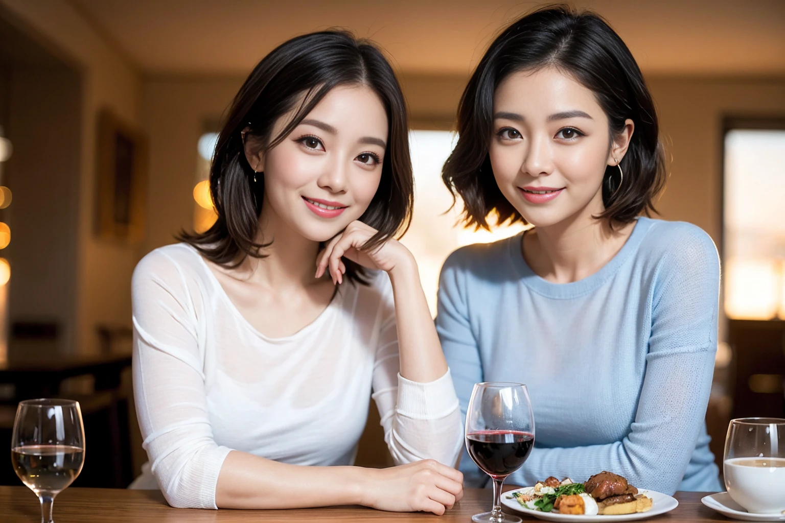 (Realistic:1.2),(masterpiece,Highest quality),8k,((men and women)),Age 35,37 years old、最高のsmile、Happy Couple, Full course dinner at the table、Wine Party、wine glass、White wine、sparkling wine、red wine、Upper Body、Tight waist,Perfect Anatomy, Brown Hair, short hair,Random Hairstyles,Amazing view of the sunset sky and clouds、Long sleeve shirt、dress,((Highly detailed face and eyes:1.2))(Cute Face:1.4),Beautiful actress face,Perfect golden ratio face,woman'suit、Nice,(smile:1.2)、