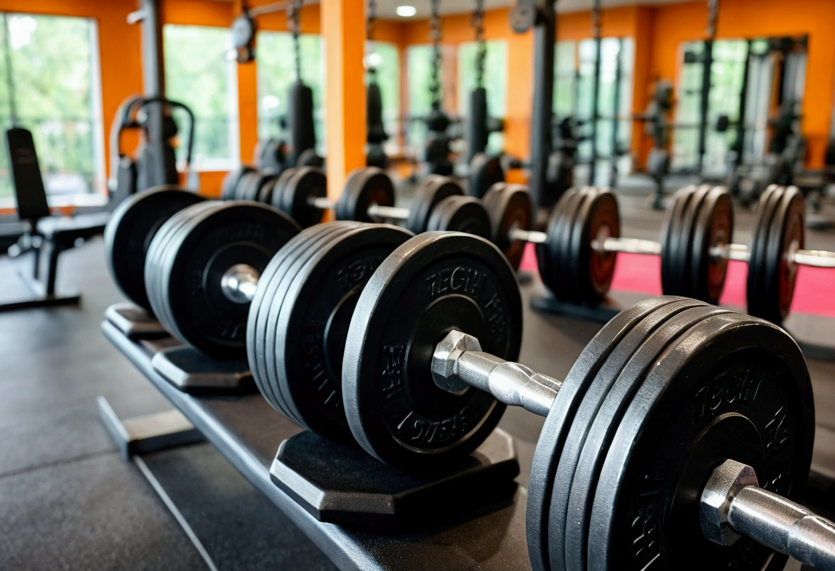 a picture of weights, gym in the background like in a commercial, gym out of focus