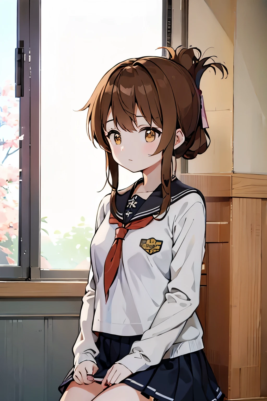 (masterpiece, best quality:1.2),illustration,8k,hd,1girl,solo,upper body,(portrait:1.2),brown_hair,folded_ponytail,brown_eyes,serafuku,long_hair,school_uniform,skirt,pleated_skirt,