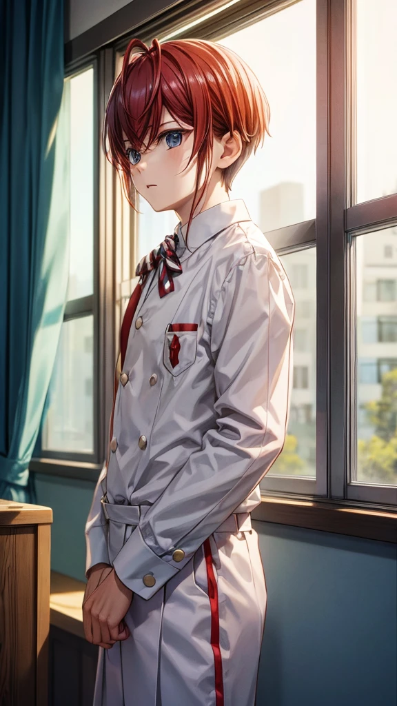 boy、、Strict look、Dormitory uniform、Standing by the window、Staring at the audience、cute