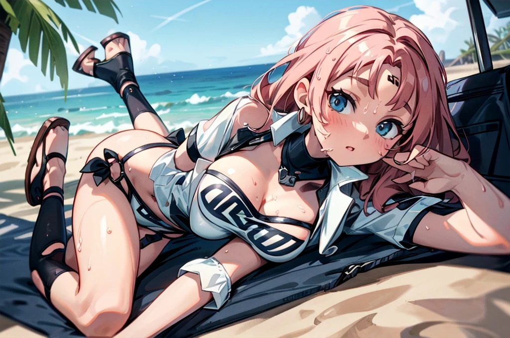 (Ultra HD、Very detailed、Highest quality、Extreme close-up、Delicate expression、Fine Lines、Detailed depiction、An unbreakable attitude、Biologically correct body shaping、Detailed face、Detailed Hair、Lying on the sand、Courtship pose、My whole body is wet):2.0、(Sexy white and light pink bikini、Tube top、Stylish beach sandals、Only the left breast is exposed):2.2