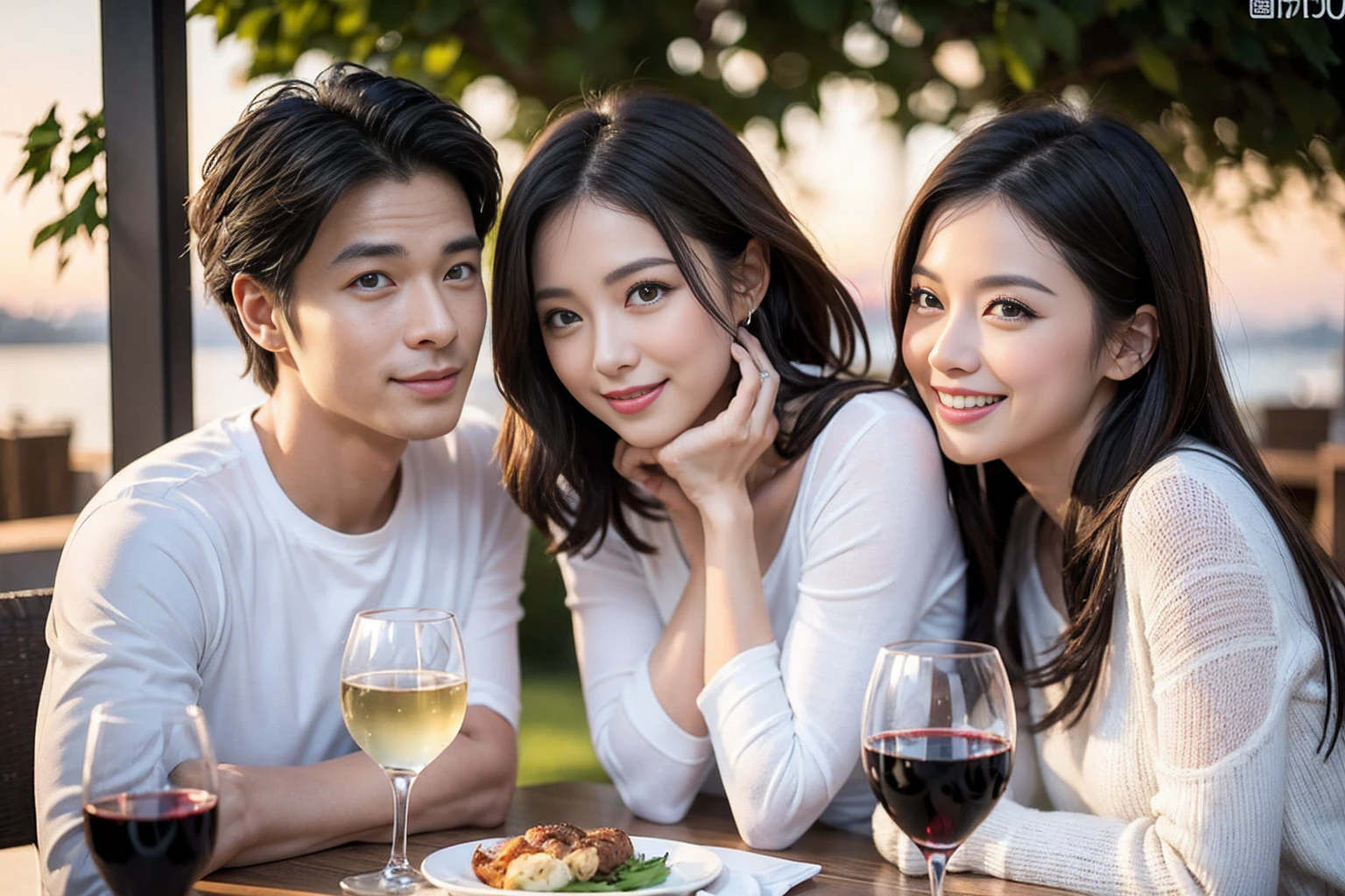 （Realistic:1.2）,(masterpiece,Highest quality)，8k,((men and women)),Age 35,37 years old、最高のsmile、Happy Couple, Full course dinner at the table、Wine Party、wine glass、White wine、sparkling wine、red wine、Upper Body、Tight waist,Perfect Anatomy, Brown Hair, short hair,Random Hairstyles,Amazing view of the sunset sky and clouds、Long sleeve shirt、dress,((Highly detailed face and eyes:1.2))(Cute Face:1.4)，Beautiful actress face，Perfect golden ratio face，woman&#39;suit、Nice,(smile:1.2)、