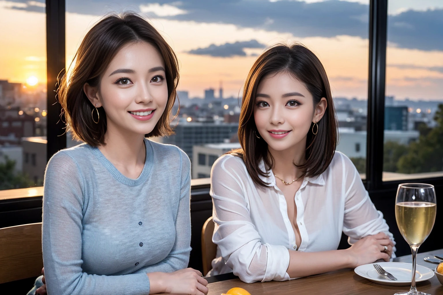 (Realistic:1.2),(masterpiece,Highest quality),8k,((men and women)),Age 35,37 years old、最高のsmile、Happy Couple, Full course dinner at the table、Wine Party、wine glass、White wine、sparkling wine、red wine、Upper Body、Tight waist,Perfect Anatomy, Brown Hair, short hair,Random Hairstyles,Amazing view of the sunset sky and clouds、Long sleeve shirt、dress,((Highly detailed face and eyes:1.2))(Cute Face:1.4),Beautiful actress face,Perfect golden ratio face,woman'suit、Nice,(smile:1.2)、