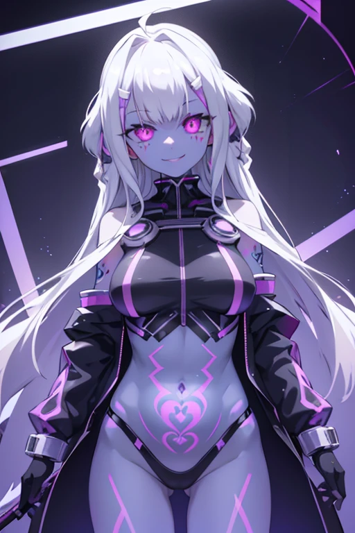 Horror Art, (Dark Anime Alien Girl), ((Purple skin)), White Steel Hair, bright, Black cloth, sharp short clothes, Dark fantasy setting, Dark Cave,Ray Tracing, masterpiece, Highest quality, super high quality, Absurd detailed, best Light, Best Shadow, sharp, sharp image, detailed, extremely detailed, Incredible resolution, 8k, 4K, Ultra-high resolution, Particle Effects, Beautiful Effects, Vibrant colors, neon Light, neon, Light,(corruption:1.2),(Hollow Eyes:1.2),(Groin tattoo:1.3),(Lower abdomen tattoo:1.3),(Wicked Smile:1.3),(masterpiece), (Highest quality), (Super detailed), One girl, Red eyes