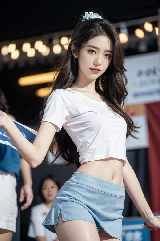 (((best quality))), (((ultra detailed))), (((masterpiece))), illustration,((a beautiful girl,solo)),((slim,thin)),((small breasts,flat chest,claviclis,navel)),(white T-shirt with blue short sleeves:1.5),(blue mini-skirt:1.3),(slender legs:1.2),dancing,((on a stage,outside a shopping mall, at the entrance of a beer promotional event,on the street)), ((surrounded by crowded crowds)),((her hair and the edges of her skirt fluttering in the air)), the girl's attire reflecting the vibrant spirit of summer, a sense of youthful charm and confidence exuding from her, her hair flows freely in the wind, the fluttering skirt accentuating her graceful movements, her expressive eyes and infectious smile drawing people closer, the stage adorned with colorful decorations, the vibrant atmosphere enhanced by the enthusiasm of the crowd, onlookers of various ages captivated by her performance, clapping, cheering, and taking photos, the girl's graceful dance transforming the ordinary streets into a vibrant and lively venue, her energy and charisma captivating the audience, the scene encapsulating the spirit of summer and the beauty of artistic expression,(night scene:1.3),(from front:1.3)