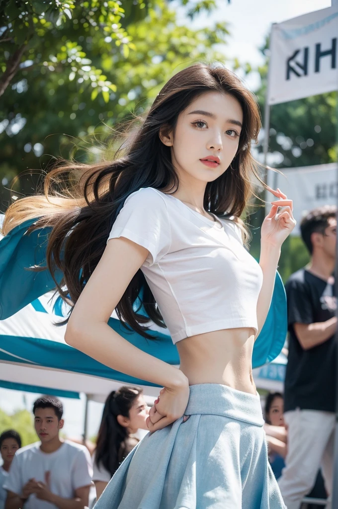 (((best quality))), (((ultra detailed))), (((masterpiece))), illustration,((a beautiful girl,solo)),((slim,thin)),((small breasts,flat chest,claviclis,navel)),(white T-shirt with blue short sleeves:1.5),(blue mini-skirt:1.3),(slender legs:1.2),dancing,((on a stage,outside a shopping mall, at the entrance of a beer promotional event,on the street)), ((surrounded by crowded crowds)),((her hair and the edges of her skirt fluttering in the air)), the girl's attire reflecting the vibrant spirit of summer, a sense of youthful charm and confidence exuding from her, her hair flows freely in the wind, the fluttering skirt accentuating her graceful movements, her expressive eyes and infectious smile drawing people closer, the stage adorned with colorful decorations, the vibrant atmosphere enhanced by the enthusiasm of the crowd, onlookers of various ages captivated by her performance, clapping, cheering, and taking photos, the girl's graceful dance transforming the ordinary streets into a vibrant and lively venue, her energy and charisma captivating the audience, the scene encapsulating the spirit of summer and the beauty of artistic expression,(night scene:1.3),(from front:1.3)