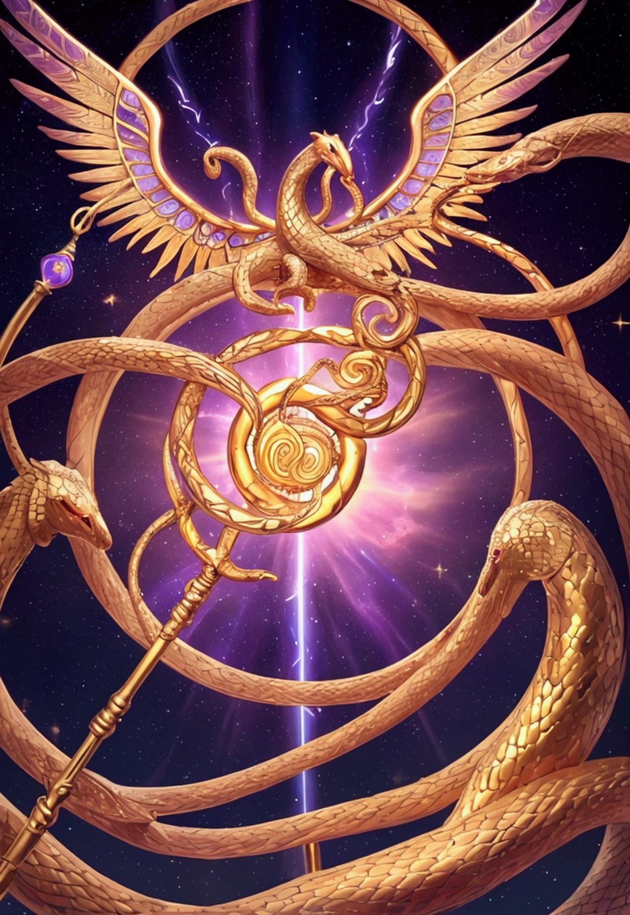 A golden staff with two intertwined serpents spiraling around it. Snakes have glowing eyes and iridescent scales. At the top of the stick, there is a pair of silver wings open. The background is a twilight sky with colorful clouds, symbolizing balance and harmony."