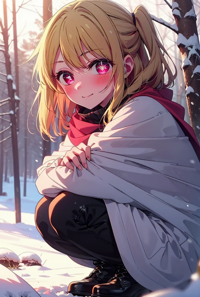 rubyhoshino, Hoshino Ruby, Long Hair, bangs, blonde, (Pink Eyes:1.3), Side Lock, (Symbol-shaped pupil:1.5), Multicolored Hair, Two-tone hair, smile,,smile,blush,white breath,
Open your mouth,snow,Ground bonfire, Outdoor, boots, snowing, From the side, wood, suitcase, Cape, Blurred, , forest, White handbag, nature, Squat, Mouth closed, Cape, winter, Written boundary depth, Black shoes, red Cape break looking at viewer, Upper Body, whole body, break Outdoor, forest, nature, break (masterpiece:1.2), Highest quality, High resolution, unity 8k wallpaper, (shape:0.8), (Beautiful and beautiful eyes:1.6), Highly detailed face, Perfect lighting, Highly detailed CG, (Perfect hands, Perfect Anatomy),