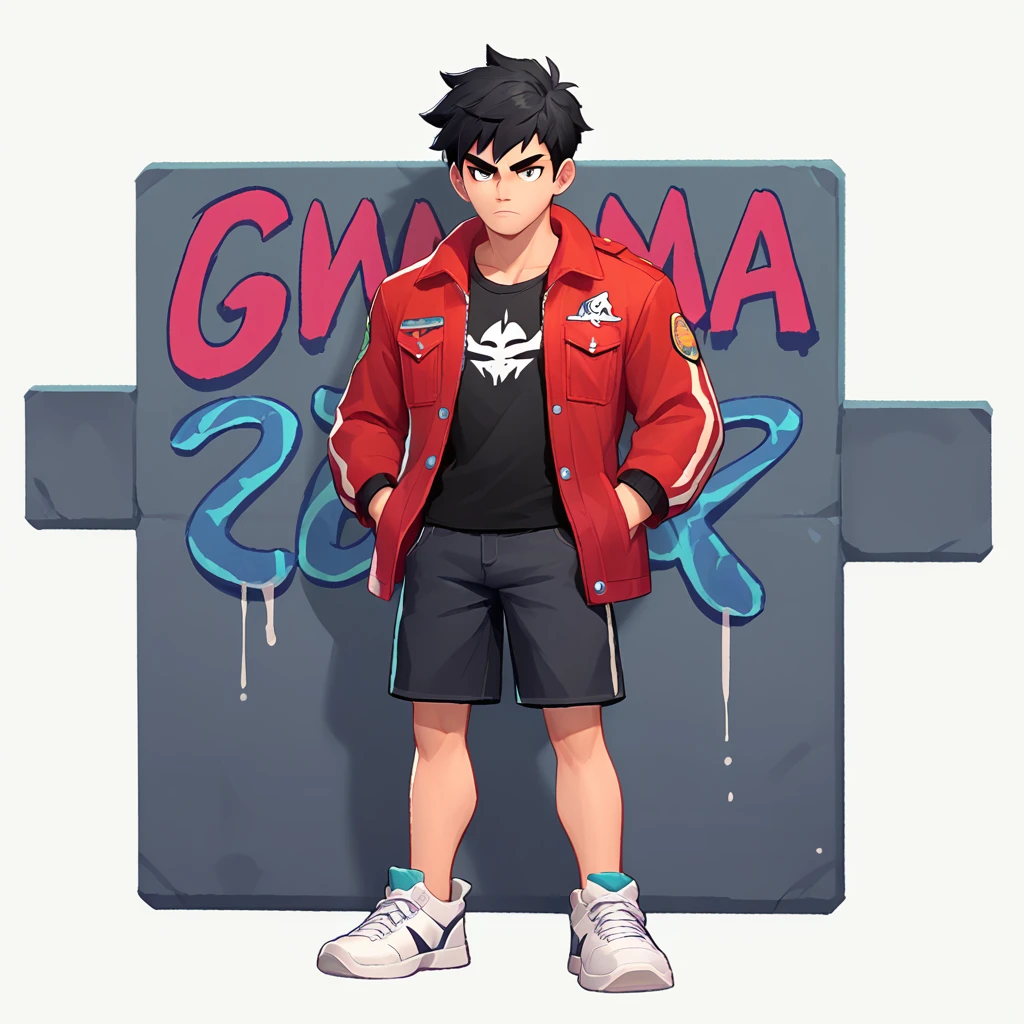 A boy with short black hair, black tee, shorts laranja, White sneakers, hands in pockets, White background, graffiti in background,Simple details, work of art,high qualiy, White background