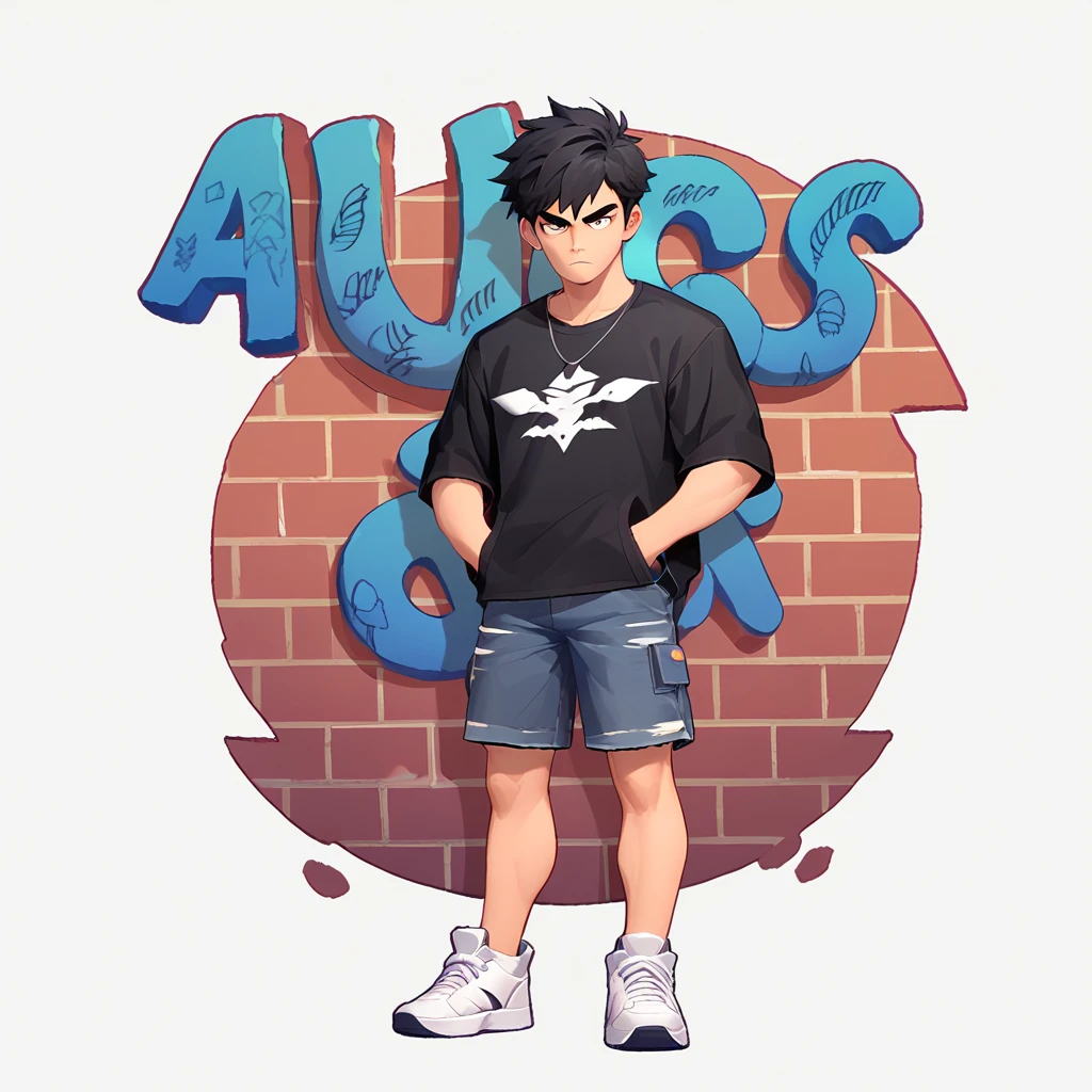 A boy with short black hair, black tee, shorts laranja, White sneakers, hands in pockets, White background, graffiti in background,Simple details, work of art,high qualiy, White background
