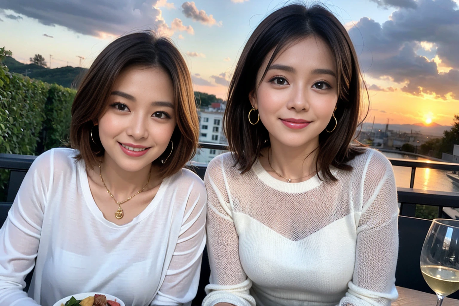 （Realistic:1.2）,(masterpiece,Highest quality)，8k,((men and women)),Age 35,37 years old、最高のsmile、Happy Couple, Full course dinner at the table、Wine Party、wine glass、White wine、sparkling wine、red wine、Upper Body、Tight waist,Perfect Anatomy, Brown Hair, short hair,Random Hairstyles,Amazing view of the sunset sky and clouds、Long sleeve shirt、dress,((Highly detailed face and eyes:1.2))(Cute Face:1.4)，Beautiful actress face，Perfect golden ratio face，woman&#39;suit、Nice,(smile:1.2)、