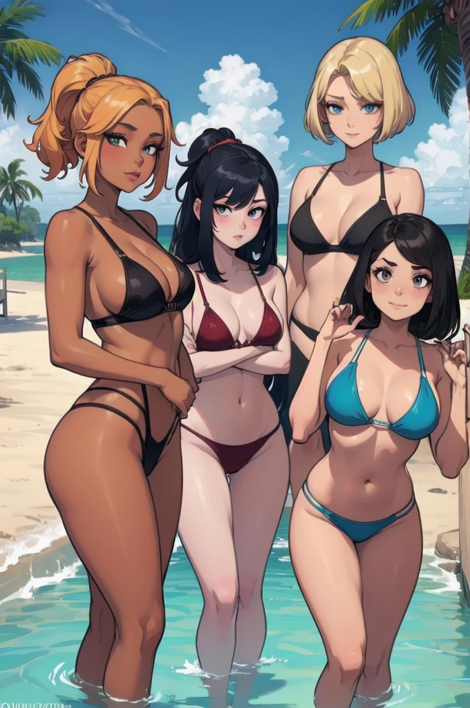Group of gorgeous girls having fun at the beach, perfect bodies, (diverse ethnicities:1.4), diverse skin colour, diverse hair style, diverse body types, beautiful faces, detailed eyes, cute swimwear, unique appearances, vastly different body types, (different hair colours), (vastly different appearances:1.2), (unique hair styles, unique hair colours), (Asian, African, Caucasian, Indian), curvy ginger girl, toned Indian girl, busty blonde girl, very tall African girl