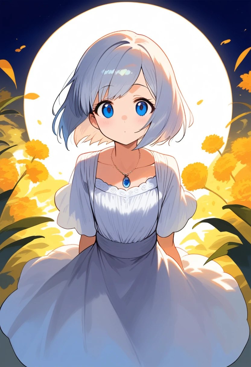Face: Round and cute face. Blue eyes. Hair: Short and slightly wavy, light golden in color. Body: Small and delicate. She is about 120 centimeters tall.
Dress code: Wear clothes that reflect her natural side. Her outfit is usually made of light colored linen, white. Accessories: Iris often wears a silver necklace with a flower pendant.