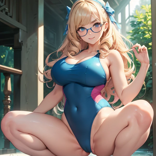 Master piece, best high quality image, carefully detailed details and textures, alone character, full character view
{{(1character: 30 years old blonde haired danish human girl noble: (fair skin, blonde long curly hair, beautiful light-blue eyes, beautiful face, sharp eyebrows, voluptuous figure, big breasts, beautiful legs, lovely smile, friendly demeanor, crouching pose), (left hair pink ribbon, blue round glasses, blue one-piece swimsuit), (green natural park))}}