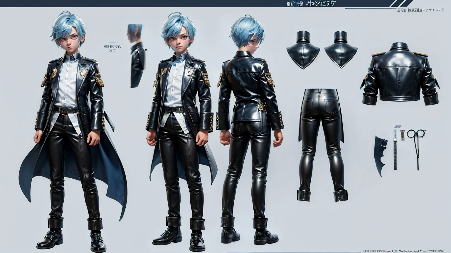 cute face boy, cute face, short height boy, wearing leather white  pent and shirt, full standing pose,  blue hairs, Character Sheet, , Full body, Simple white background, front pose character reference sheet, Concept art, design sheet