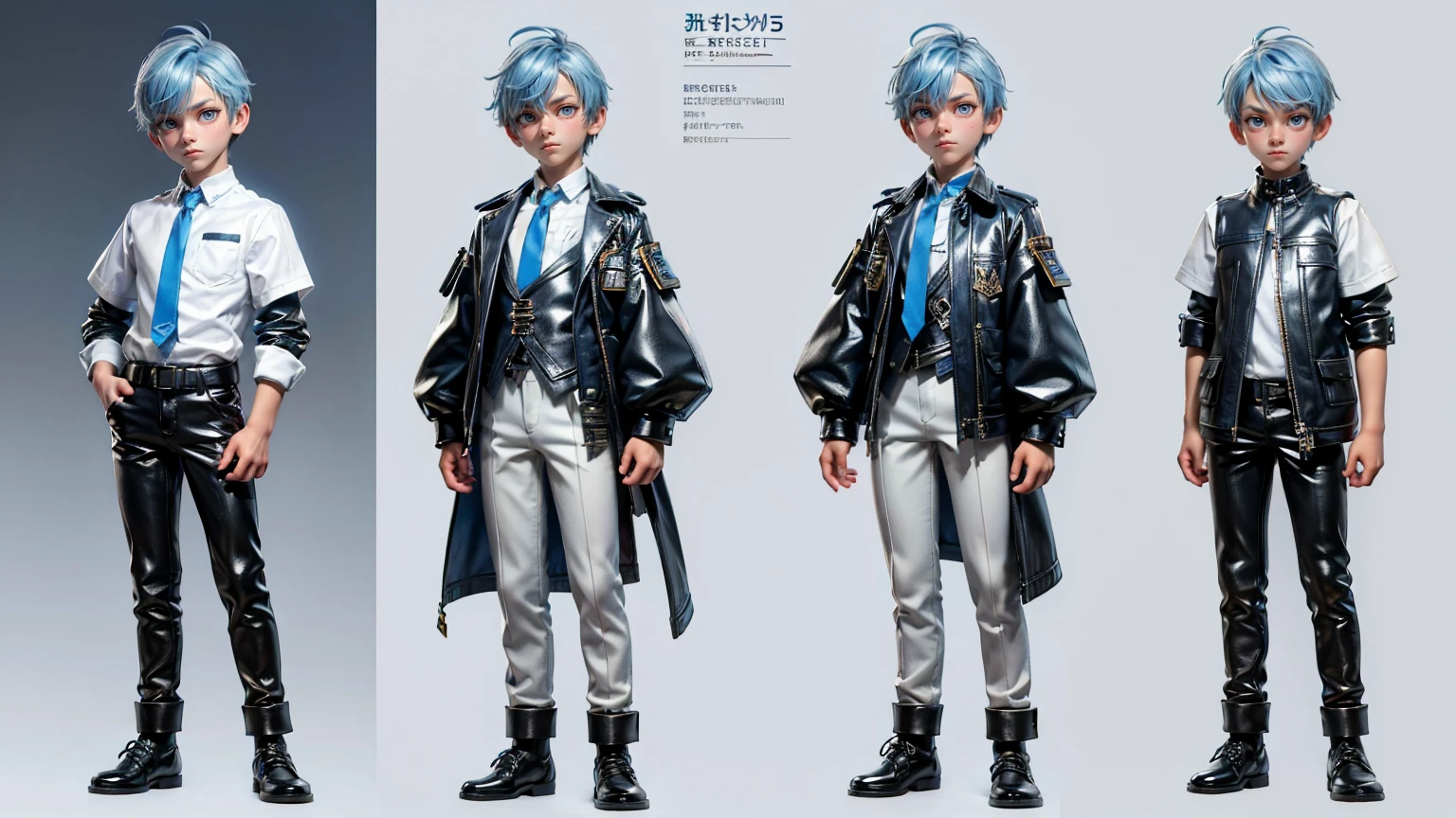cute face boy, cute face, short height boy, wearing leather white pent and shirt, full standing pose, blue hairs, Character Sheet, 12 yo student, Full body, Simple white background, front pose character reference sheet, Concept art, design sheet