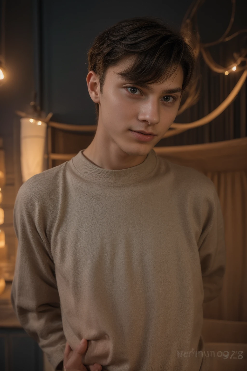 A young male twink, 20 years old, with a cute angel face, with makeup and black hair, wearing a luxurious, long-sleeved, white shirt and brown medieval pants. Behind him is a blackboard with the neurons of the brain written on it, and he looks proudly with an innocent face.