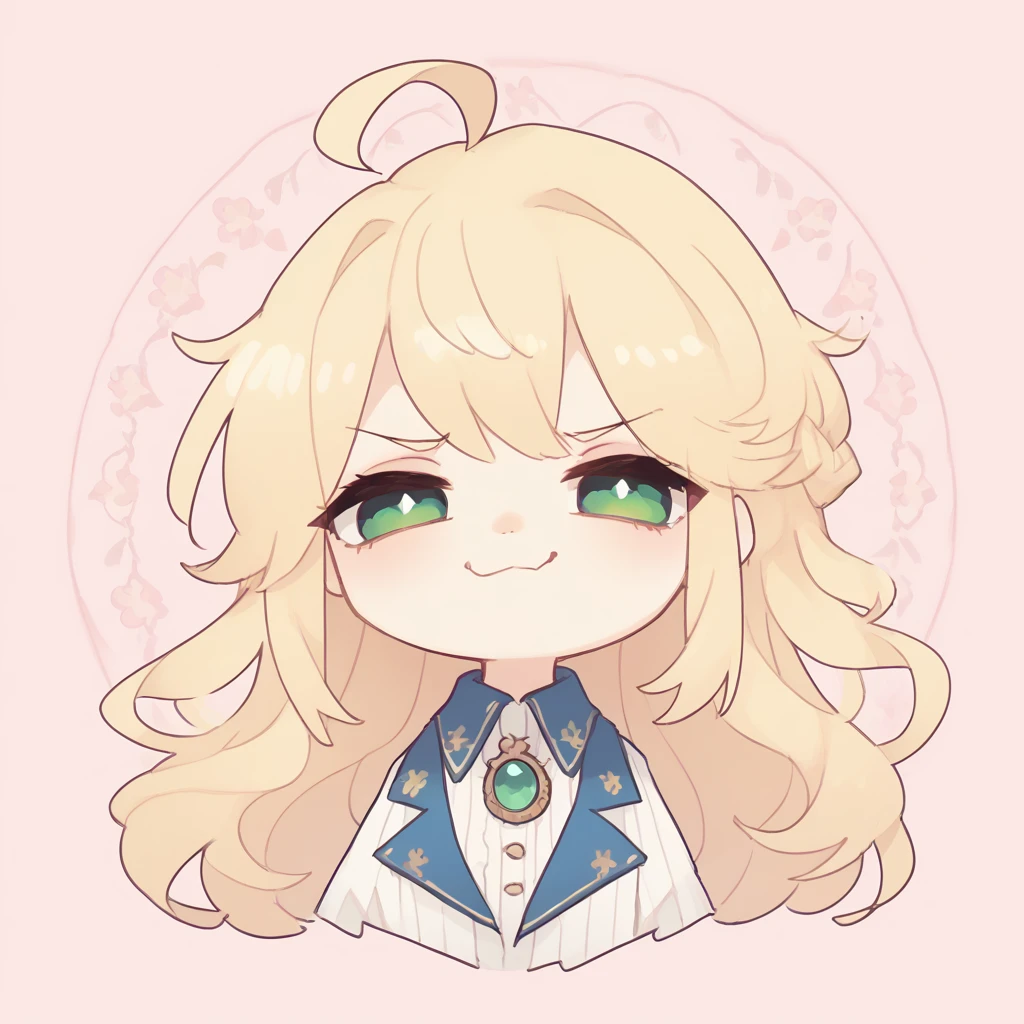 High resolution, masterpiece, accurate, Blonde, Ahoge, smug face, amount, One girl, Green Eyes、Light Pink Background