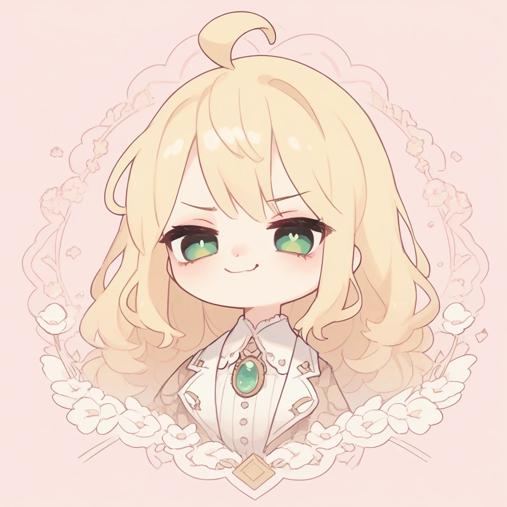 High resolution, masterpiece, accurate, Blonde, Ahoge, smug face, amount, One girl, Green Eyes、Light Pink Background