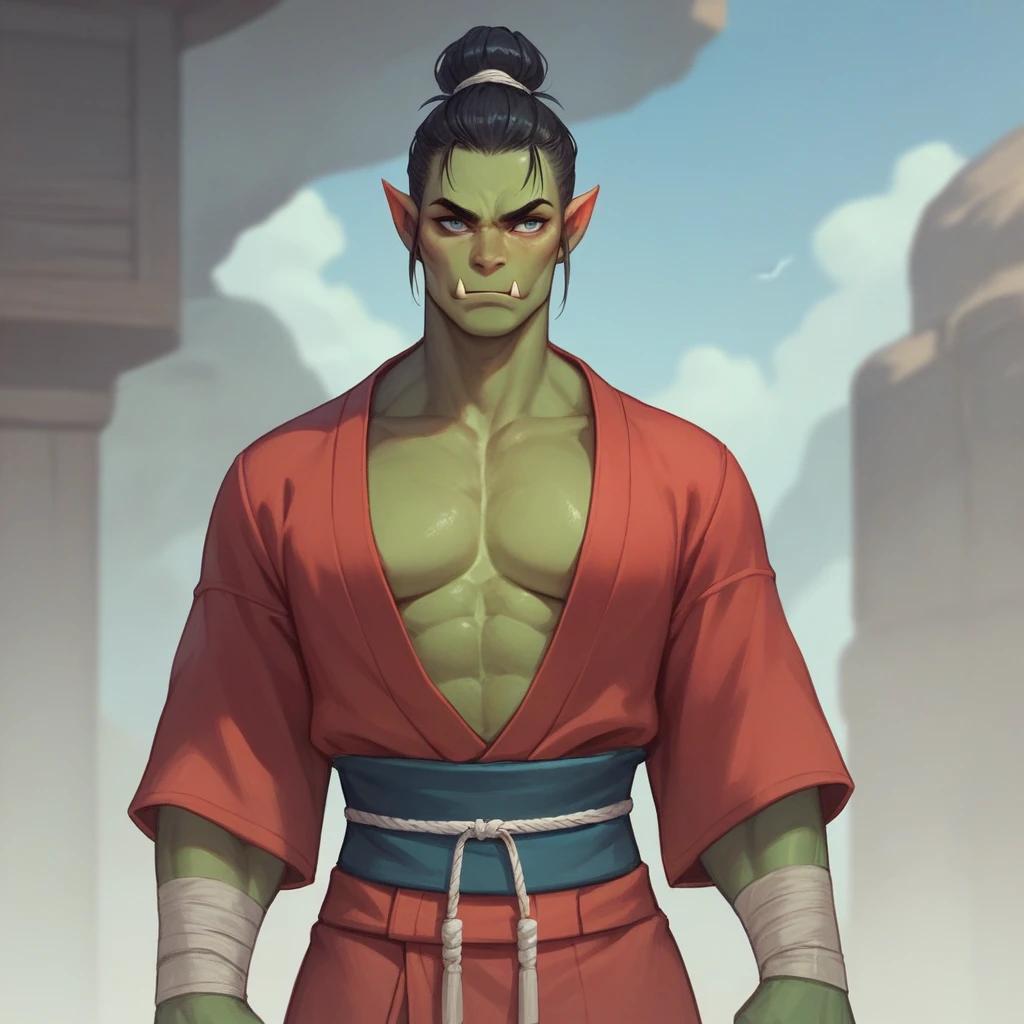 The character is a Half-Orc, green skin, Standing about 1.8 to 1.9 meters tall with a slender build, but muscular. Her black hair is tied in a samurai bun, expressive blue-gray eyes, prominent lower canines. His costume includes a monk&#39;s robe in white colors with gray details.. The lower body is dressed in tailored pants and reinforced boots, and a wide band of white leather. Accessories include gauntlets with gold detailing, of medieval fantasy.