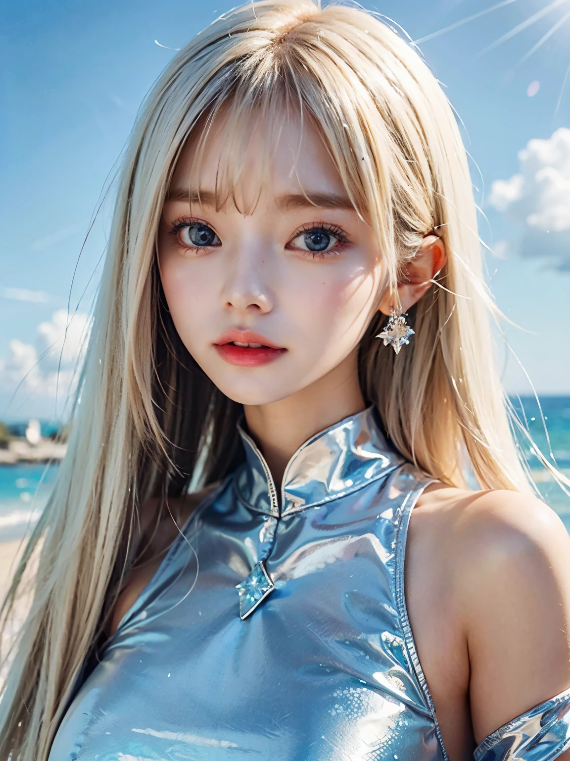 1 girl、portlate、student uniform、blue sky、Bright and very beautiful face、young, White and radiant skin、best looks、Blonde hair with dazzling light reflection、Beautiful Platinum Blonde Super Long Silky Straight Hair Gloss、long bangs、An exceptionally beautiful 17-year-old、Big eyes shining in clear and transparent sky blue、beautiful lovely beautiful girl