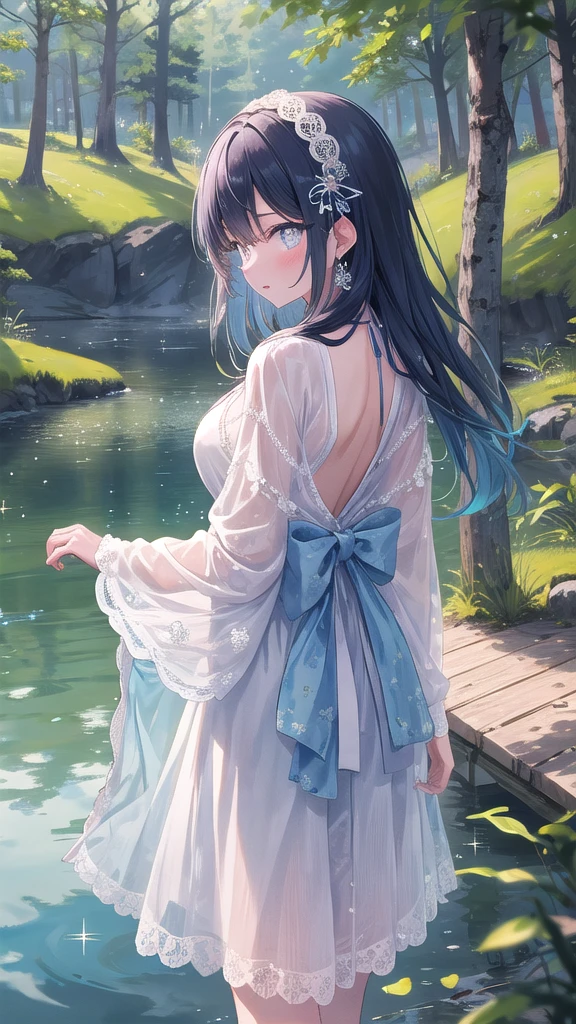 (8k, best quality, master piece: 1.2),super high resolution,1 girl, 独奏, ((colorshift eyes, hyperdetailed, expressive eyes)), ultra-detailed face, random hair, random color, Ecstatic expression, Back view, Standing by a quiet lake in the woods、Girl gazing at the lake。Her shadow is reflected on the lake。Elegant long dress、Large lace train at back、Sparkly hair accessories。