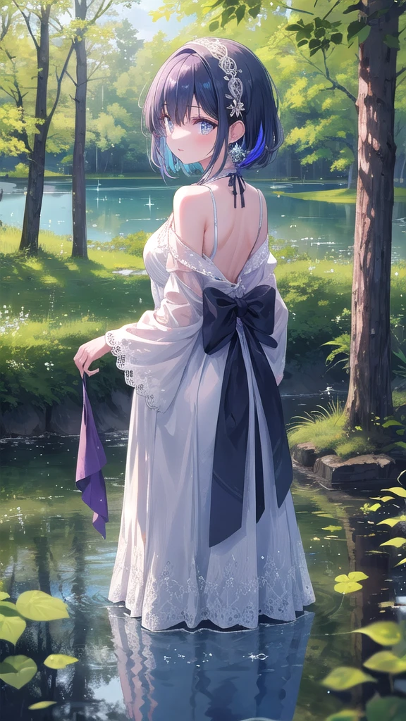 (8k, best quality, master piece: 1.2),super high resolution,1 girl, 独奏, ((colorshift eyes, hyperdetailed, expressive eyes)), ultra-detailed face, random hair, random color, Ecstatic expression, Back view, Standing by a quiet lake in the woods、Girl gazing at the lake。Her shadow is reflected on the lake。Elegant long dress、Large lace train at back、Sparkly hair accessories。