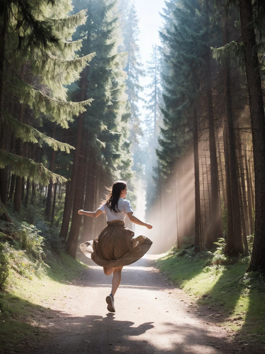 high resolution, (official art, beautiful and aesthetic: 1.2), close view, vast world, girl, running, refreshing smile, long skirt, distant horizon, forest, natural beauty, inspiration, light effect