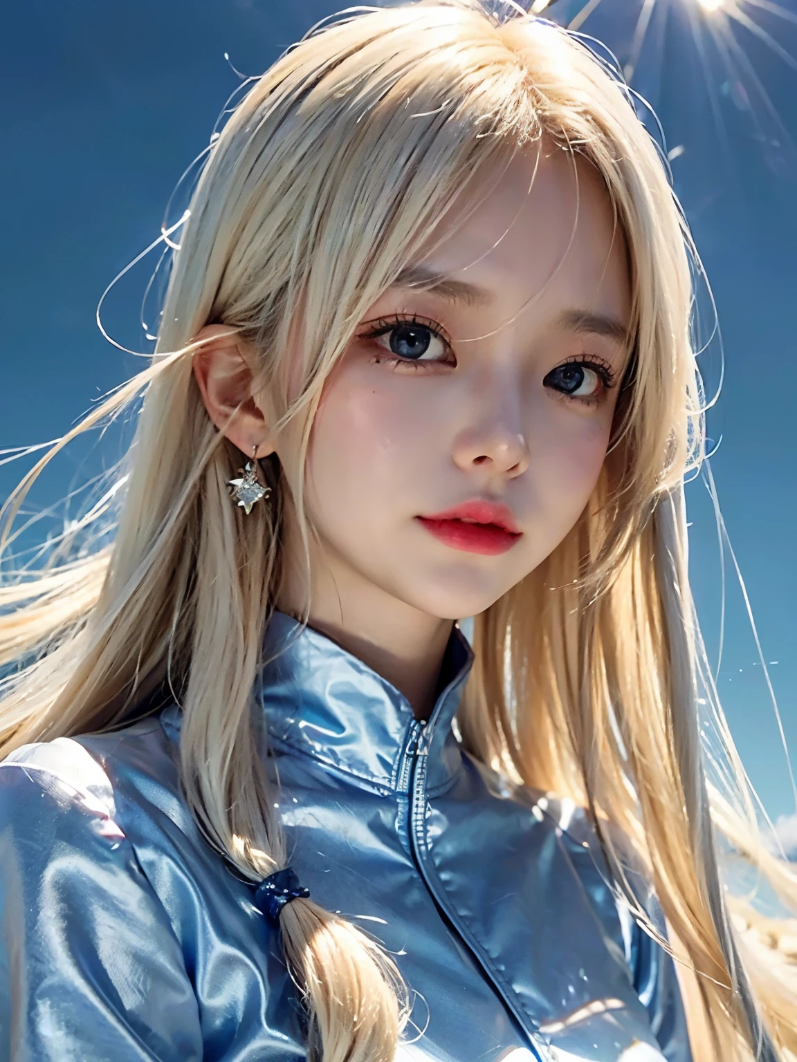 1 girl、portlate、student uniform、blue sky、Bright and very beautiful face、young, White and radiant skin、best looks、Blonde hair with dazzling light reflection、Beautiful Platinum Blonde Super Long Silky Straight Hair Gloss、long bangs、An exceptionally beautiful 17-year-old、Big eyes shining in clear and transparent sky blue、beautiful lovely beautiful girl