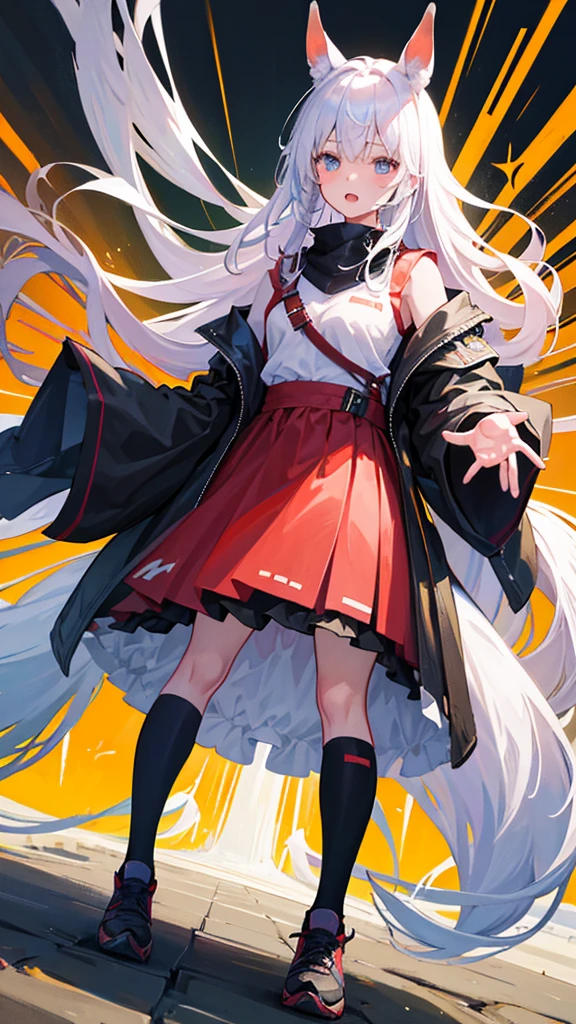 Horse-themed characters, サイバーパンク, オーバーサイズパーカー, Wearing big sneakers, whole body, Simple Background, Magazine cover style, Scarlet image color, Horse tail, Run at full speed, horse ears, With a horse's tail, run, tachi-e, projected inset, UHD, best quality, highres, 8k