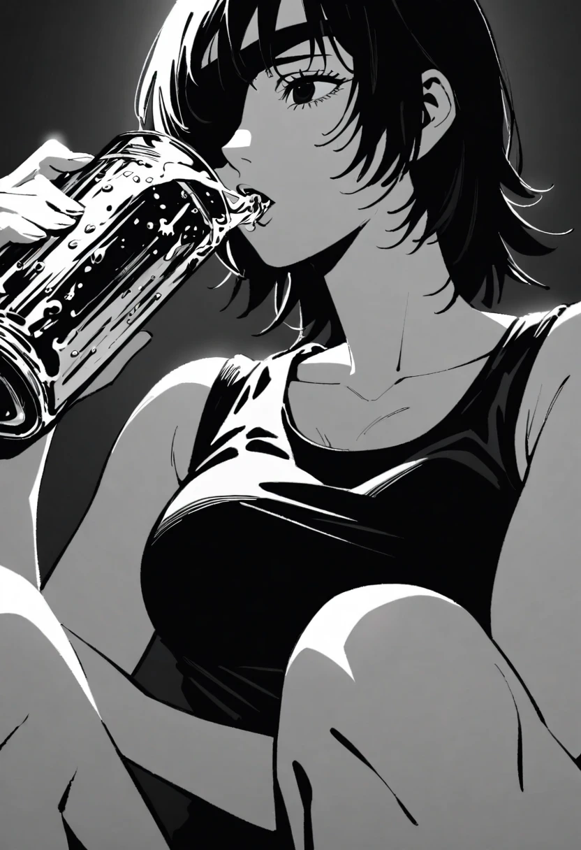 1girl, himeno \(chainsaw man\), chainsaw man, black eye patch,tanktop,drinking beer,holding a beer,monochrome, high contrast, film noir style,masterpiece, best quality, absurdres,